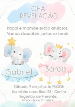 Convite Chá Revelação Elefantinhos para Editar Online