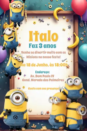 Convite de Aniversário Minions para Editar Online