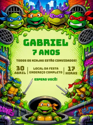 Convite de Aniversário Tartarugas Ninja Digital para Editar