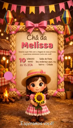 Convite Chá de Bebê Arraiá Menina Rústico para Editar