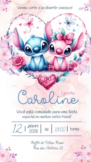 Convite de Aniversário Stitch e Angel Aquarela para Editar