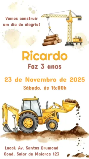 Convite Animado Aniversário Construção para Editar Online