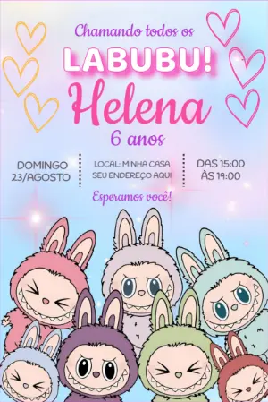 Convite Aniversário Labubu com Personagens Fofos para Editar
