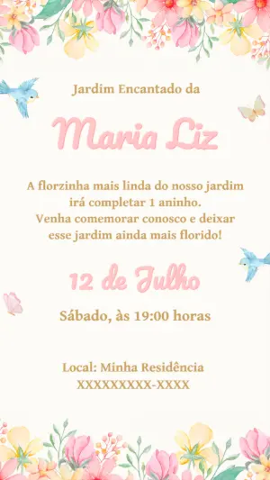 Convite de Aniversário Jardim Encantado Floral para Editar