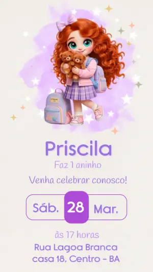 Convite de Aniversário Editável Bonequinha Ruiva com Ursinhos