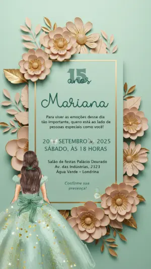 Convite 15 Anos Floral Verde e Dourado para Editar Online