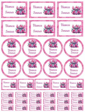 Kit de Etiquetas Escolares Stitch Rosa Fofo para Editar e Imprimir