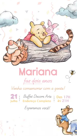 Convite de Aniversário Ursinho Pooh Aquarela Editável