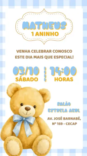 Convite Aniversário Ursinho Xadrez Azul para Editar