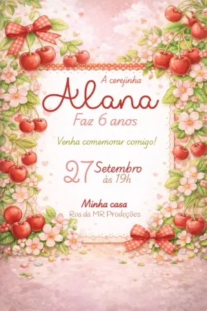 Convite de Aniversário Tema Cerejinha Delicado para Editar