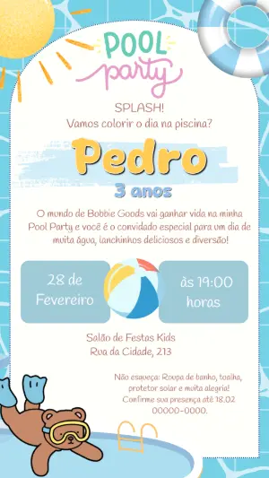 Convite de Aniversário Pool Party com Ursinho para Editar