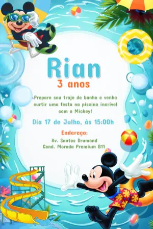 Convite de Aniversário Mickey na Piscina para Editar Online