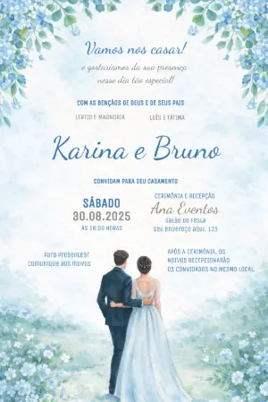 Convite de Casamento Aquarela Floral Azul Serenity Editável