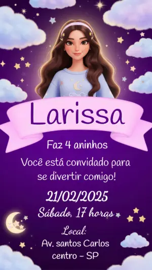 Convite Digital Aniversário Menina Sonhos e Estrelas para Editar