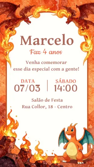 Convite de Aniversário Dragão de Fogo Laranja | Modelo Editável