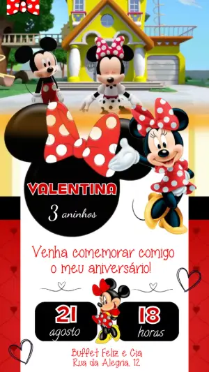 Convite Animado Minnie Vermelha: Aniversário Infantil para Editar