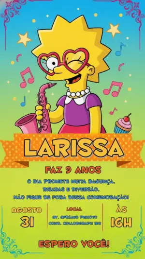 Convite de Aniversário Lisa Simpson Musical para Editar