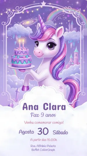 Convite de Aniversário Unicórnio Mágico Lilás para Editar