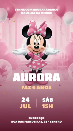 Convite de Aniversário Minnie Rosa Modelo Digital para Editar