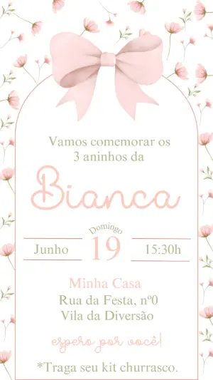 Convite de Aniversário Infantil Floral com Laço Rosa Editável