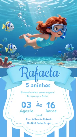 Convite de Aniversário Mergulhadora Fundo do Mar Editável