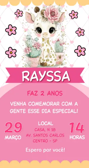 Convite de Aniversário Girafa Fofa Aquarela para Editar