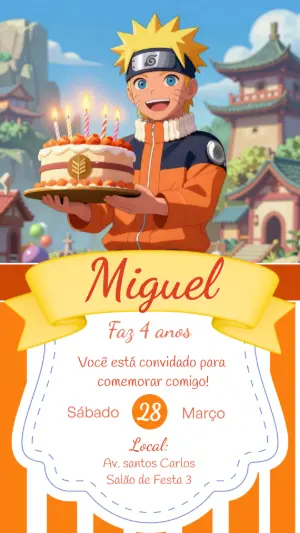 Convite de Aniversário Naruto Infantil para Editar e Enviar