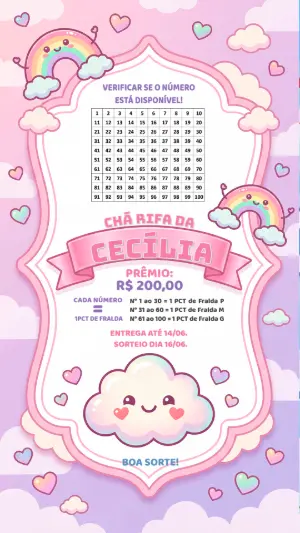 Chá Rifa Chuva de Amor Rosa e Lilás Modelo Digital Editável