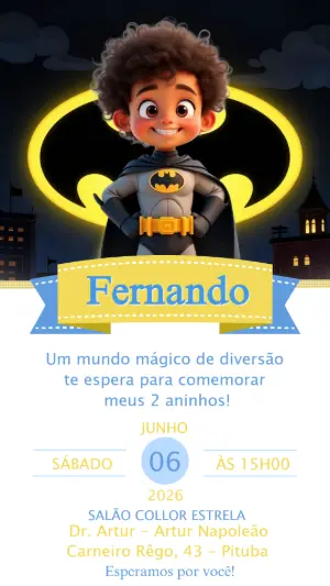 Convite de Aniversário Batman Infantil Fofo para Editar