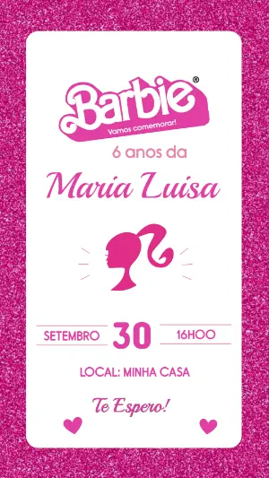 Convite de Aniversário Barbie Rosa com Glitter para Editar