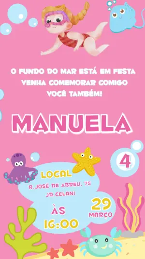 Convite de Aniversário Fundo do Mar Menina Editável