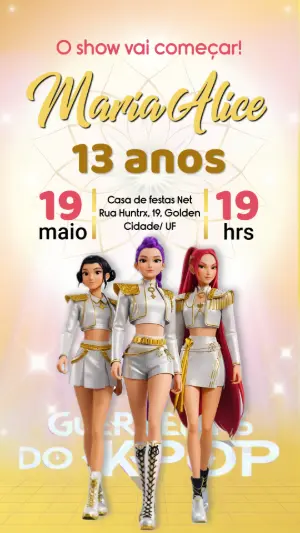 Convite de Aniversário K-pop Guerreiras Modelo Editável