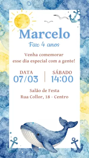 Convite de Aniversário Fundo do Mar com Baleia para Editar