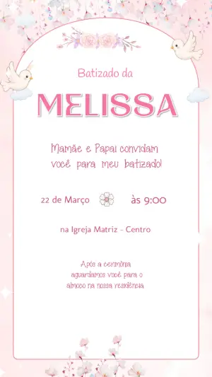 Convite de Batizado Delicado Floral Rosa para Editar