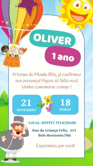 Convite Aniversário Mundo Bita com Balão para Editar Online