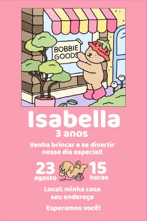 Convite de Aniversário Ursinho Fofo Estilo Bobbie Goods para Editar