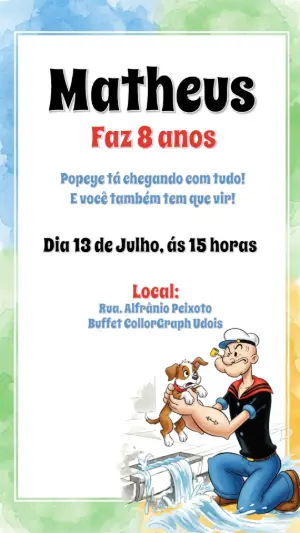 Convite de Aniversário Popeye para Editar Online e Imprimir