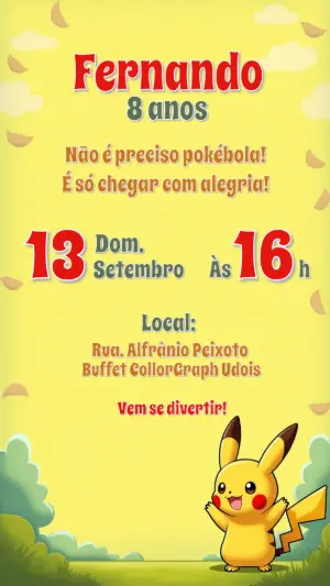 Convite Aniversário Pikachu Pokémon para Editar Online
