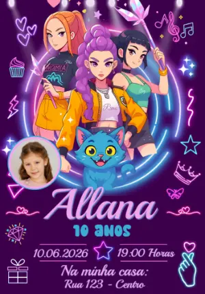 Convite de Aniversário Guerreiras do K-Pop com Foto Editável