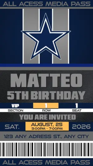 Editable Football Ticket Birthday Invitation Template Dallas Cowboys