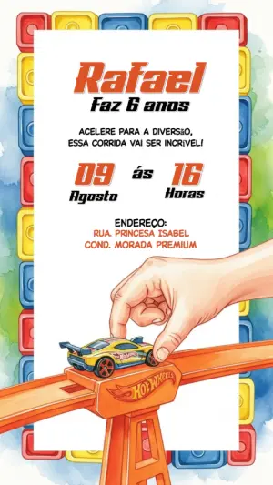 Convite de Aniversário Hotwheels Carros de Corrida para Editar