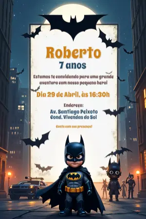 Convite de Aniversário Batman do Herói Morcego para Editar