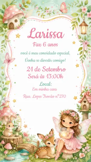 Convite Editável Aniversário Fada do Bosque Aquarela