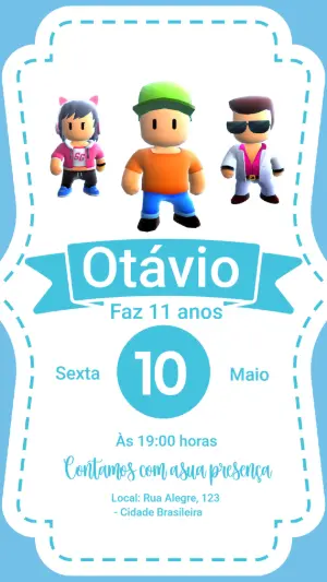Convite de Aniversário Stumble Guys Azul para Editar