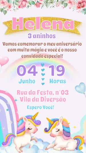 Convite de Aniversário Unicórnio Mágico para Editar