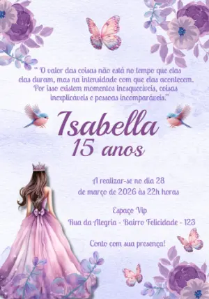 Convite de 15 anos Princesa Lilás Aquarela para Editar