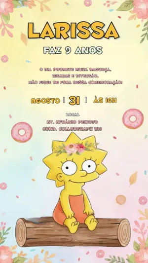 Convite de Aniversário Lisa Simpson Aquarela para Editar