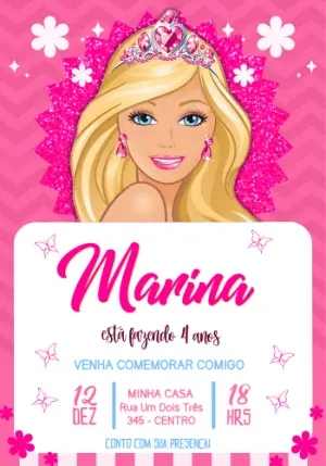 Convite de Aniversário Barbie Princesa Rosa para Editar
