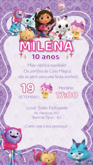 Convite de Aniversário A Casa da Gabby Roxo para Editar