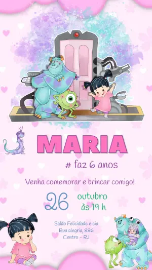 Convite Digital Infantil Monstros S.A. Modelo Fofo Editável